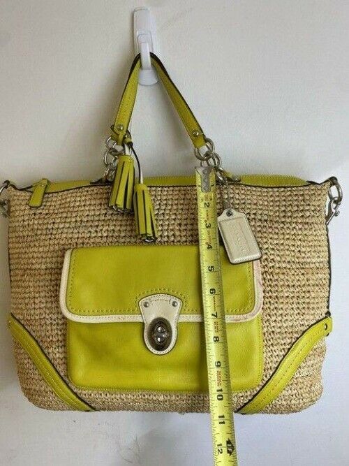 coach xl w w leather trim tan green woven straw tote