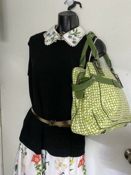 coach medium handbag green white coated canvas tote
