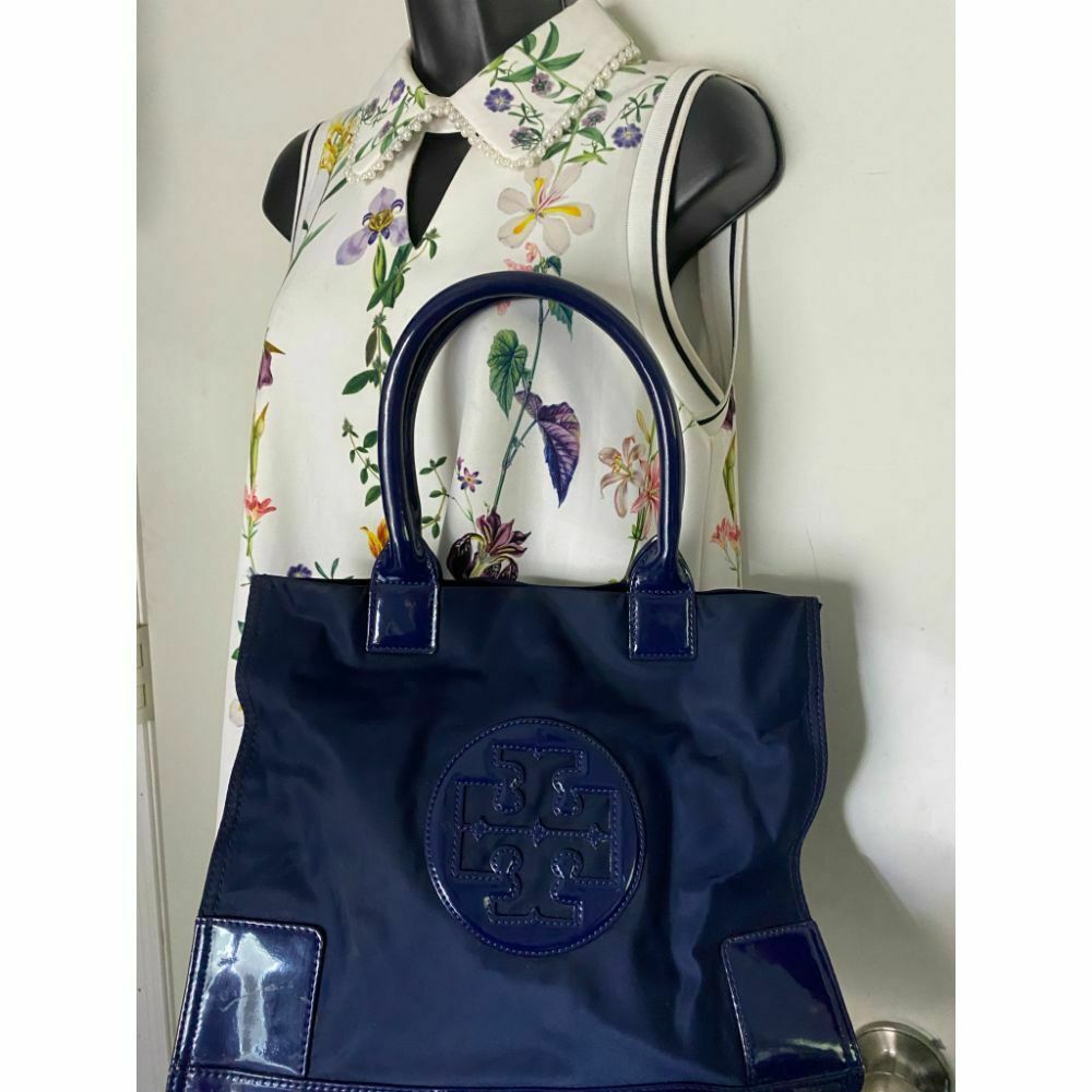 TORY BURCH Navy Nylon Medium Tote w/ Patent Logo