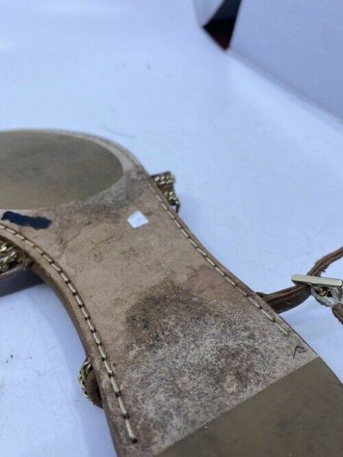 Jimmy Choo Brown Nickel Flat Tan Leather With Chain Sandals Size Eu