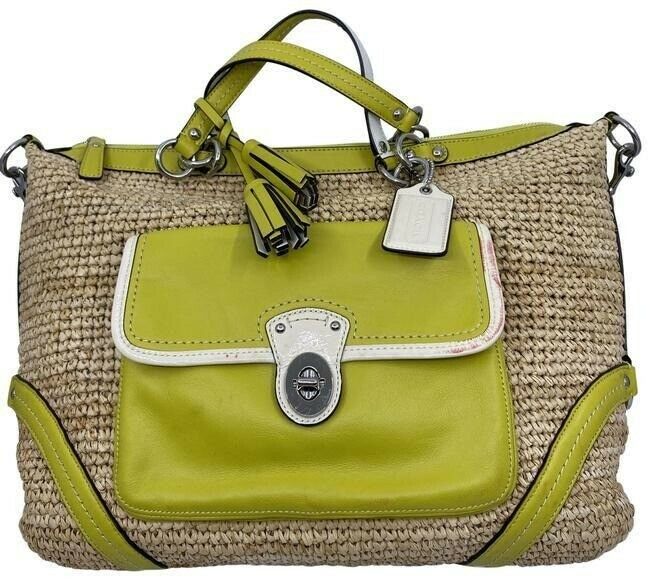 coach xl w w leather trim tan green woven straw tote
