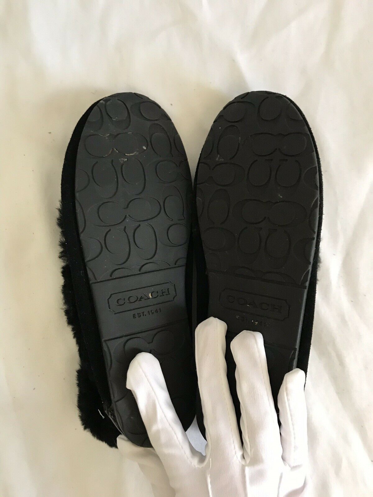 COACH Black Faux Fur/Jacquard Logo Moccasin Flats