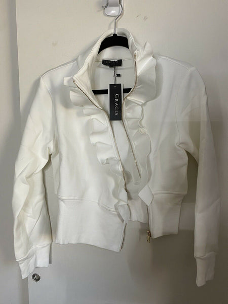 NWT! GRACIA White Zip Ruffled Light jacket S/M/L