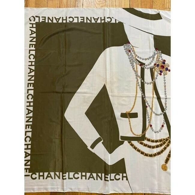 CHANEL Vintage Silk Ivory Scarf W/ iconic Chanel Lady design