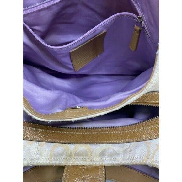 COACH Large White Tan Jacquard Fabric Tote Bag