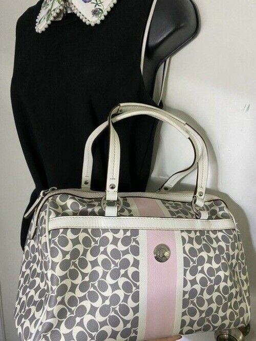coach medium handbag gray white coated canvas tote
