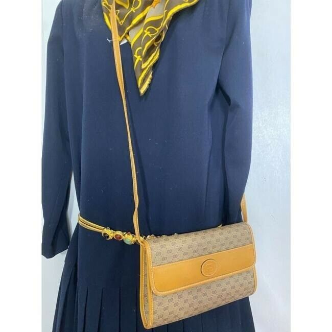 GUCCI Vintage Flap Coated Canvas Crossbody Bag w Leather trim
